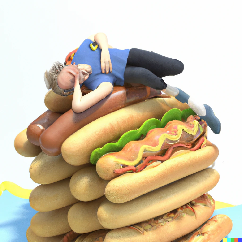 Prompt: A 3D cartoon render of man sleeping on a heap of hotdogs, digital art