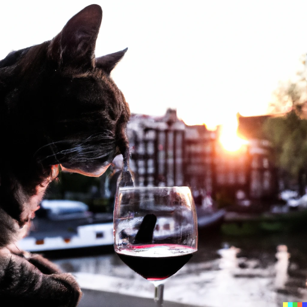 Prompt: A cat drinking red wine in Amsterdam at sunset