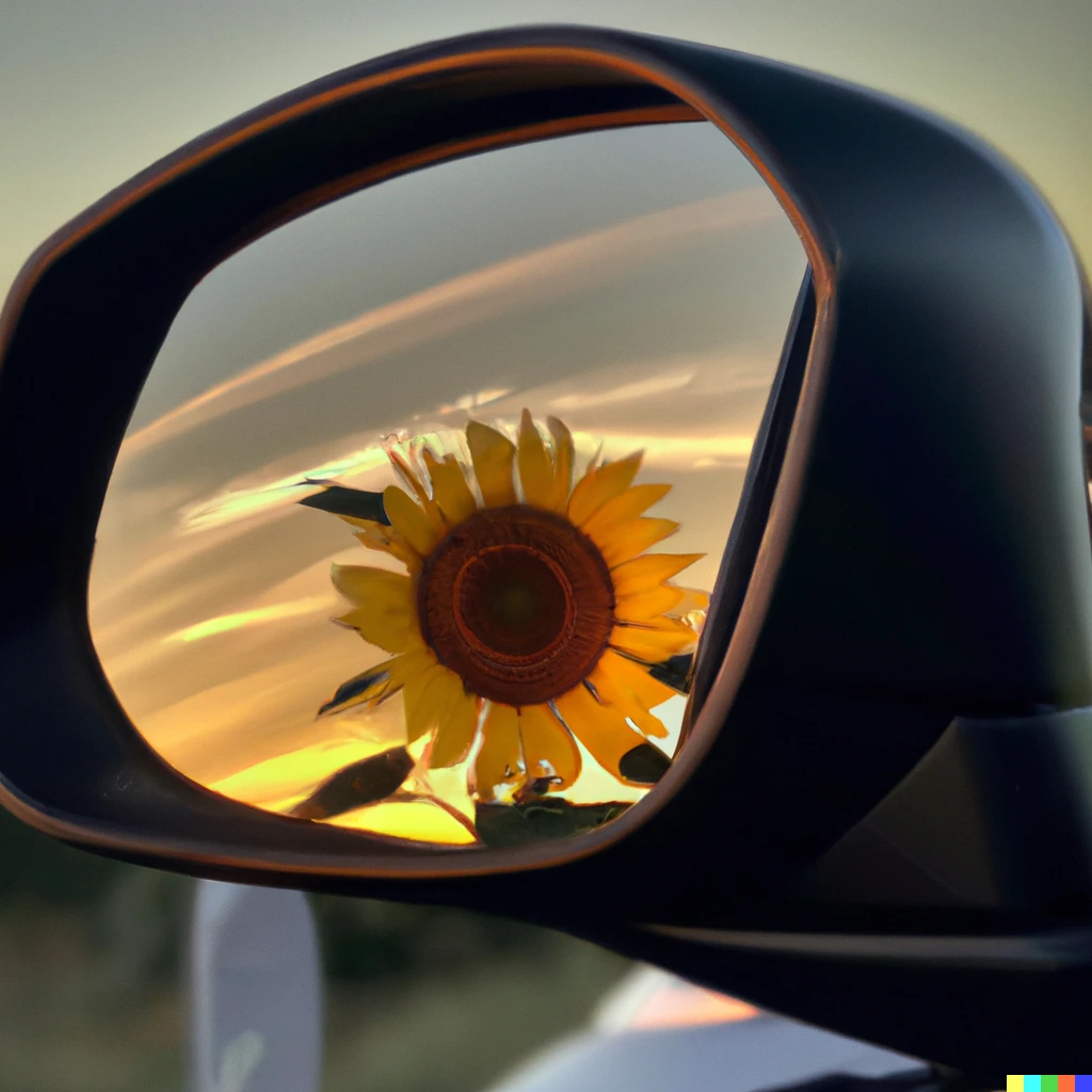 Prompt: A sunflower in side mirror of a Tesla at sunset