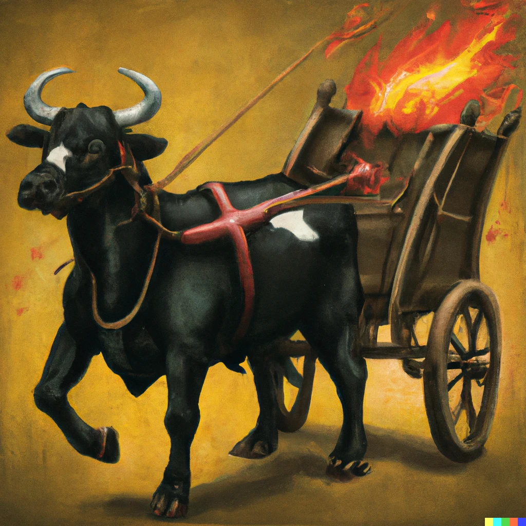 Prompt: a roman chariot with flames harnessed to a black cow as a photorealistic drawing
