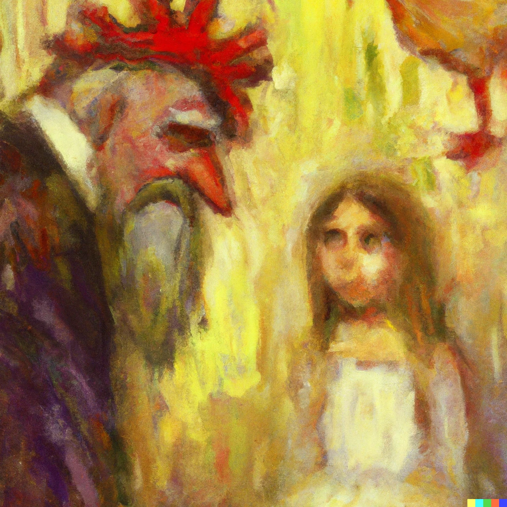 Prompt: Painting depicting a man stained with madness, whose head is chicken, watching a sad little girl, Monet style.