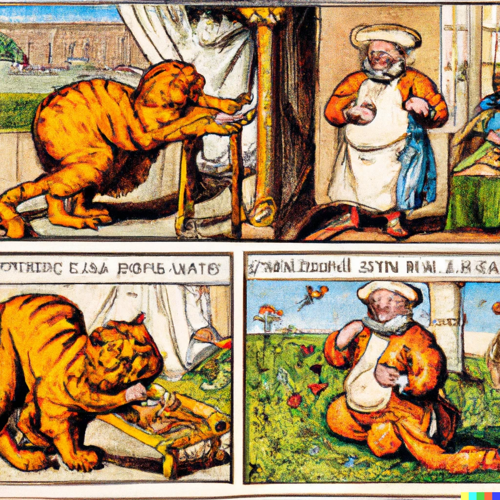 Prompt: A Garfield comic strip by Albrecht Dürer