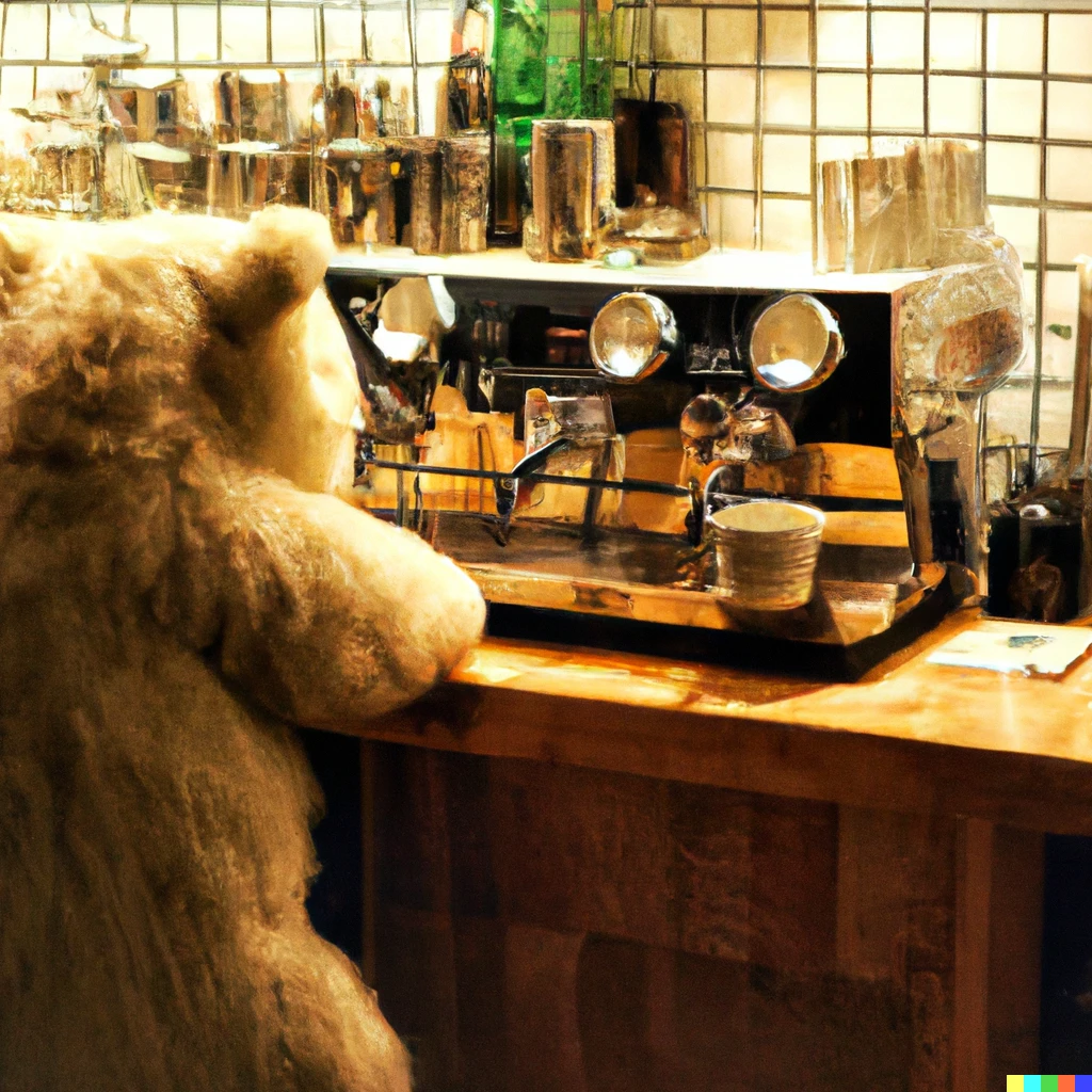 Prompt: A realistic photo of a bear making coffee in a coffee shop 