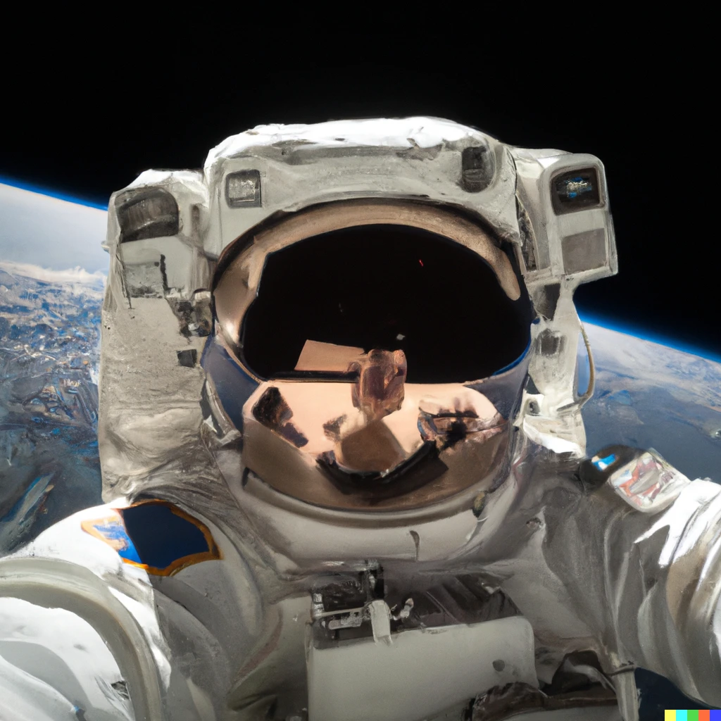 Prompt: Astronaut taking a selfie while floating in orbit around the earth. Earth visible in the background. 