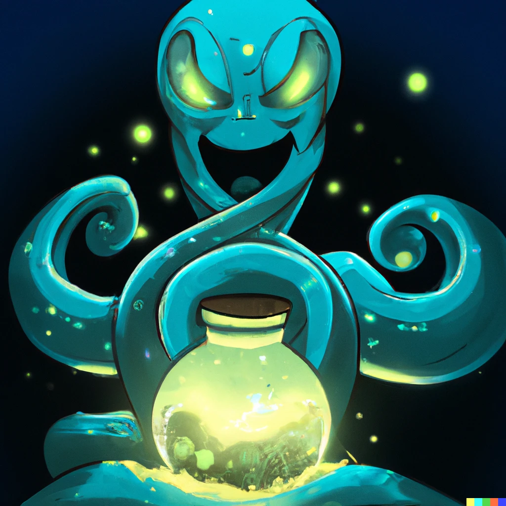Prompt: a futuristic octopus-like alien holding a jar that contains the source of true happiness