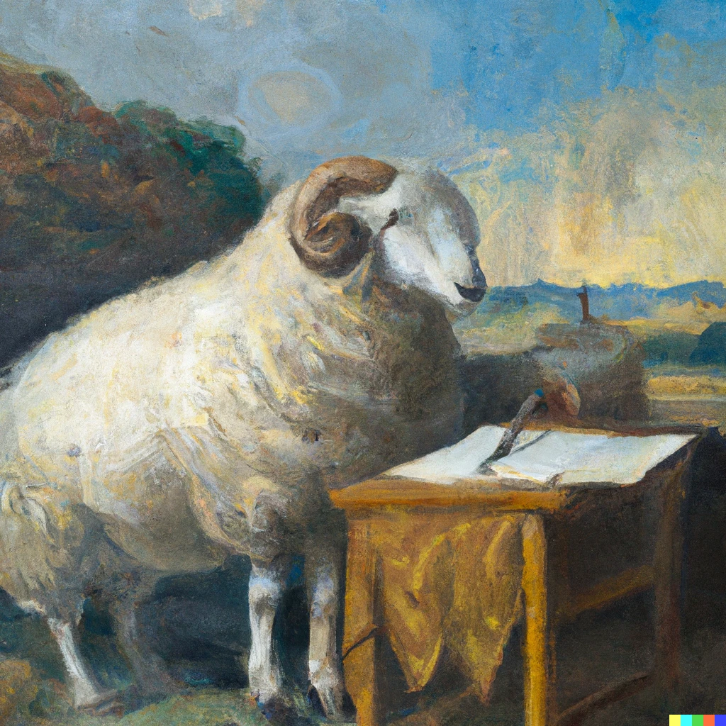 Prompt: Oil painting of a sheep writing a PhD thesis on archaeology and molecular biology