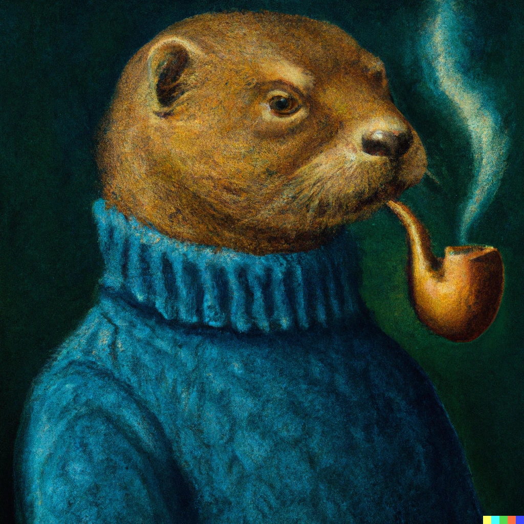 Prompt: An oil painting of a pipe smoking otter wearing a blue knit turtleneck sweater. 