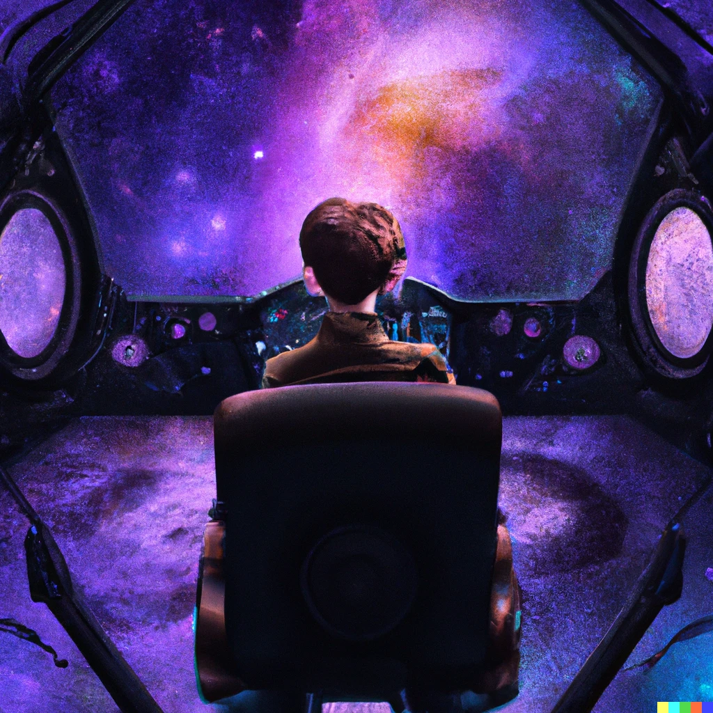 Prompt: amelia earhart backward sitting in captains chair of a spaceship, background vast colorful galaxy with a black hole in the middle, digital art