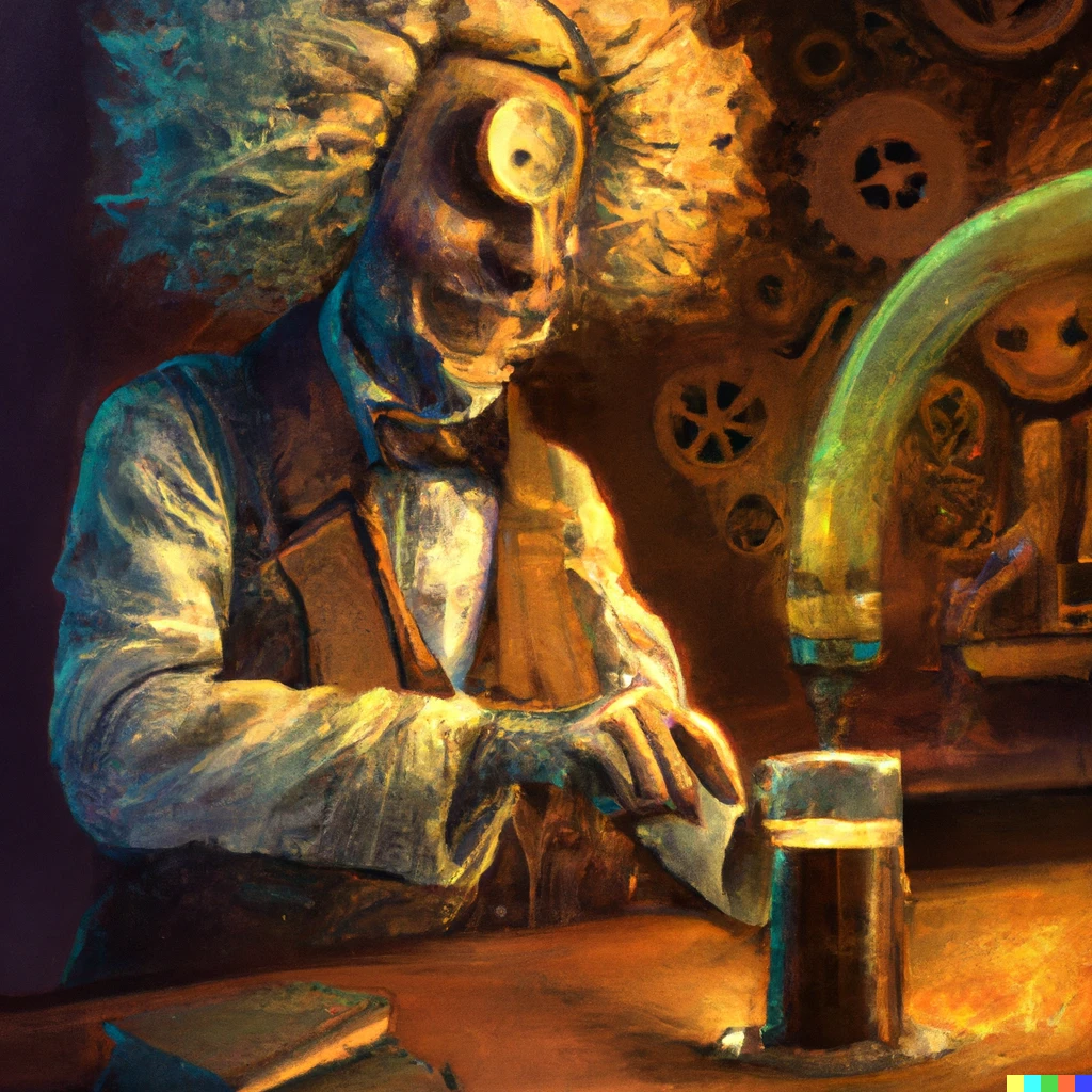 Prompt: albert einstein crafting a sci-fi steampunk beer, digital art
