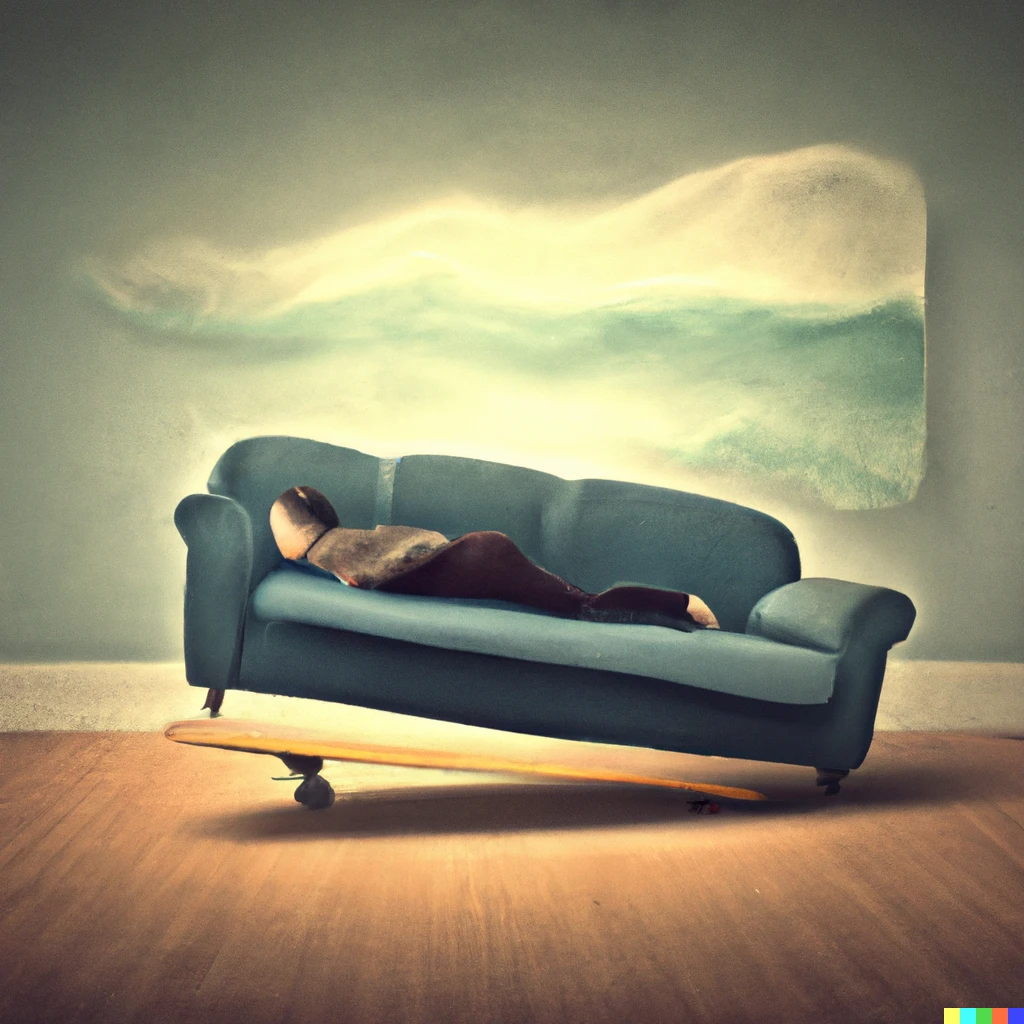 Prompt: Surfing a couch, surrealism