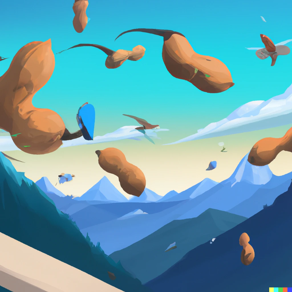 Prompt: deez nuts flying through blue mountains in the Metaverse, digital art