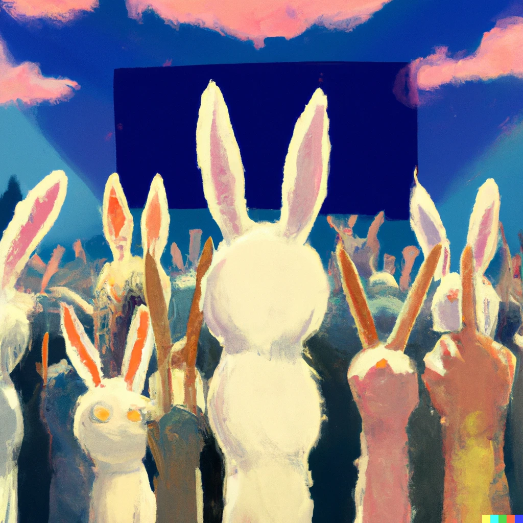 Prompt: crowd of anthropomorphic backward rabbits looking in front of a festival stage, holding up their hands with a peace sign, surrealist digital art