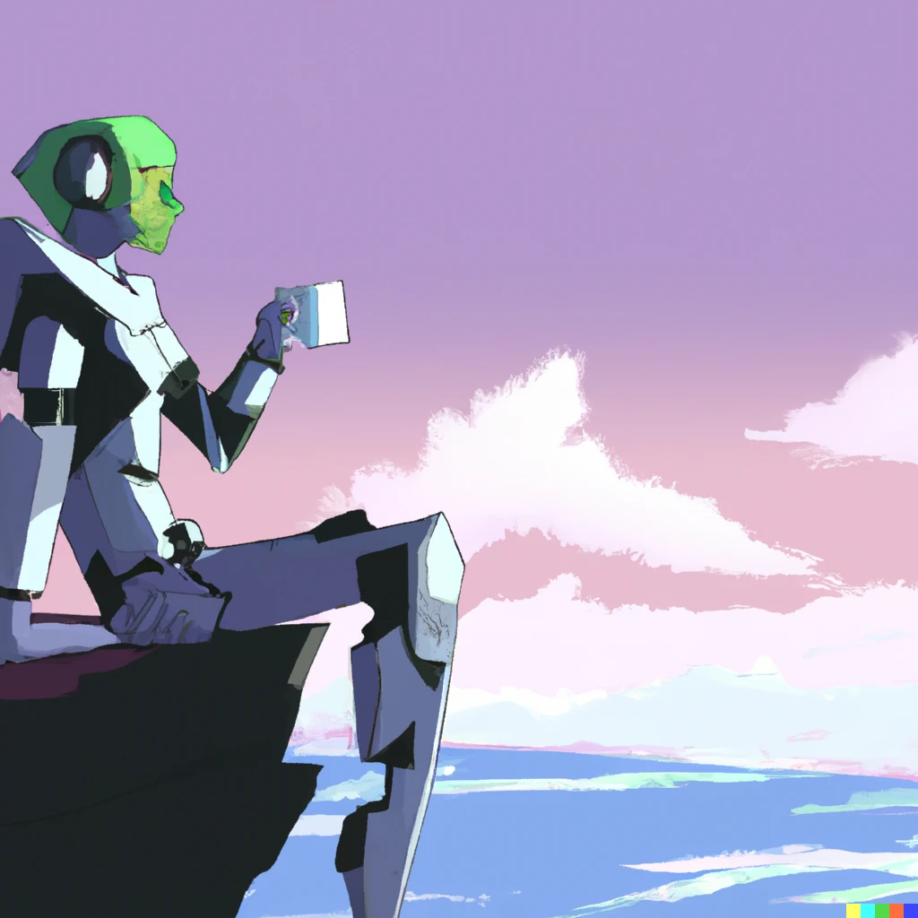 Prompt: EVA Unit 01 sitting on the edge of a cliff and sipping tea, with a blue sky background, in the style of Neon Genesis Evangelion anime