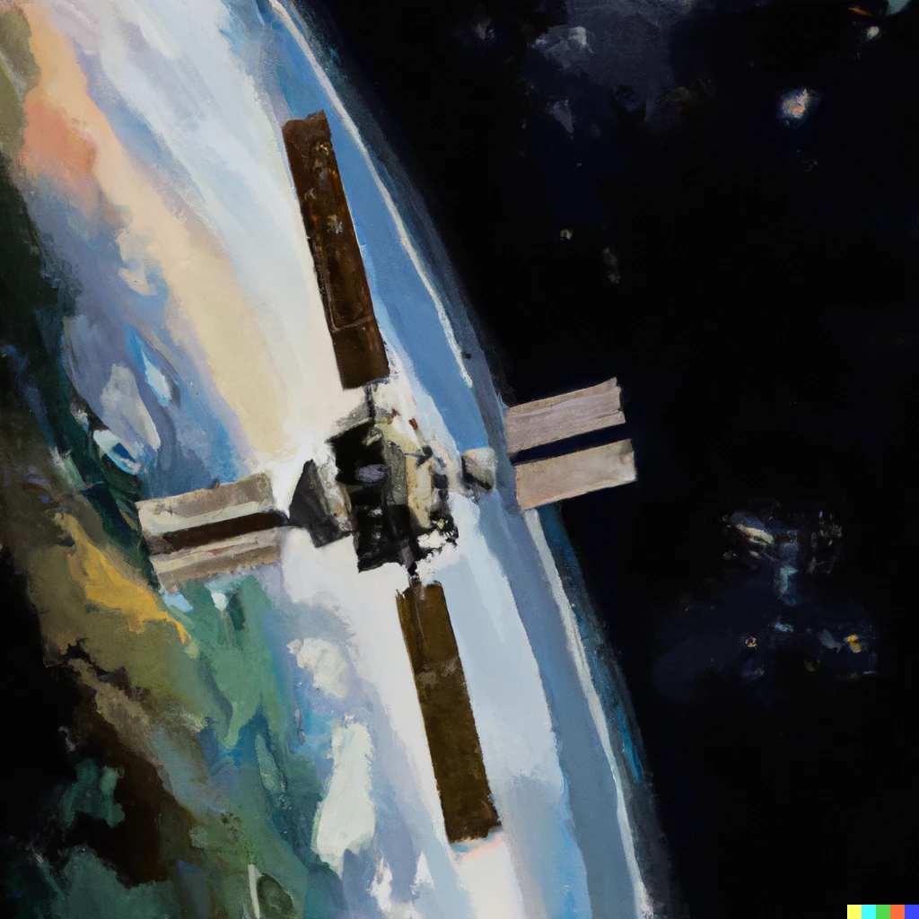 Prompt: An oil painting of the international space station in orbit around earth