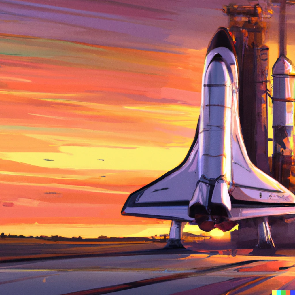 Prompt: The Space Shuttle Columbia on the launch pad, digital artwork in an anime style
