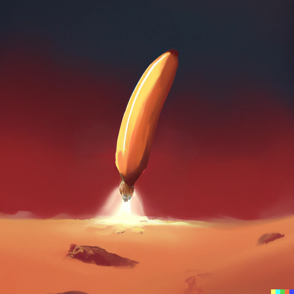 Prompt: a rocket banana landing on mars, digital art