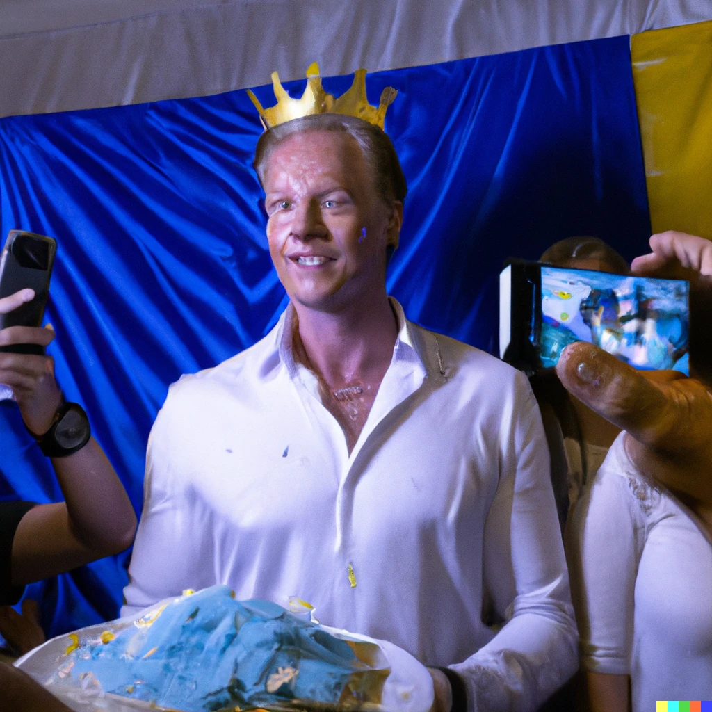 Prompt: Swedish king at a party with social media influencers and flour