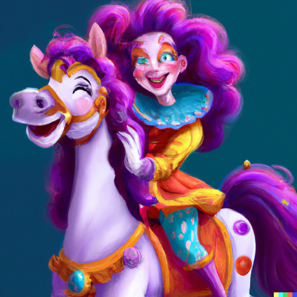 Prompt: happy clown disney princess horse, digital art