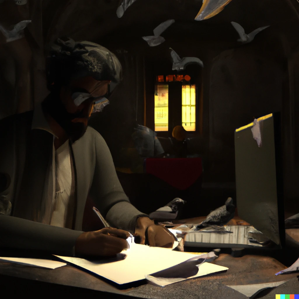 Prompt: A 3d rendering of a male bearded social worker with glasses and a man bun hairstyle filling out a pile of paperwork in dim lighting with pigeons in the background