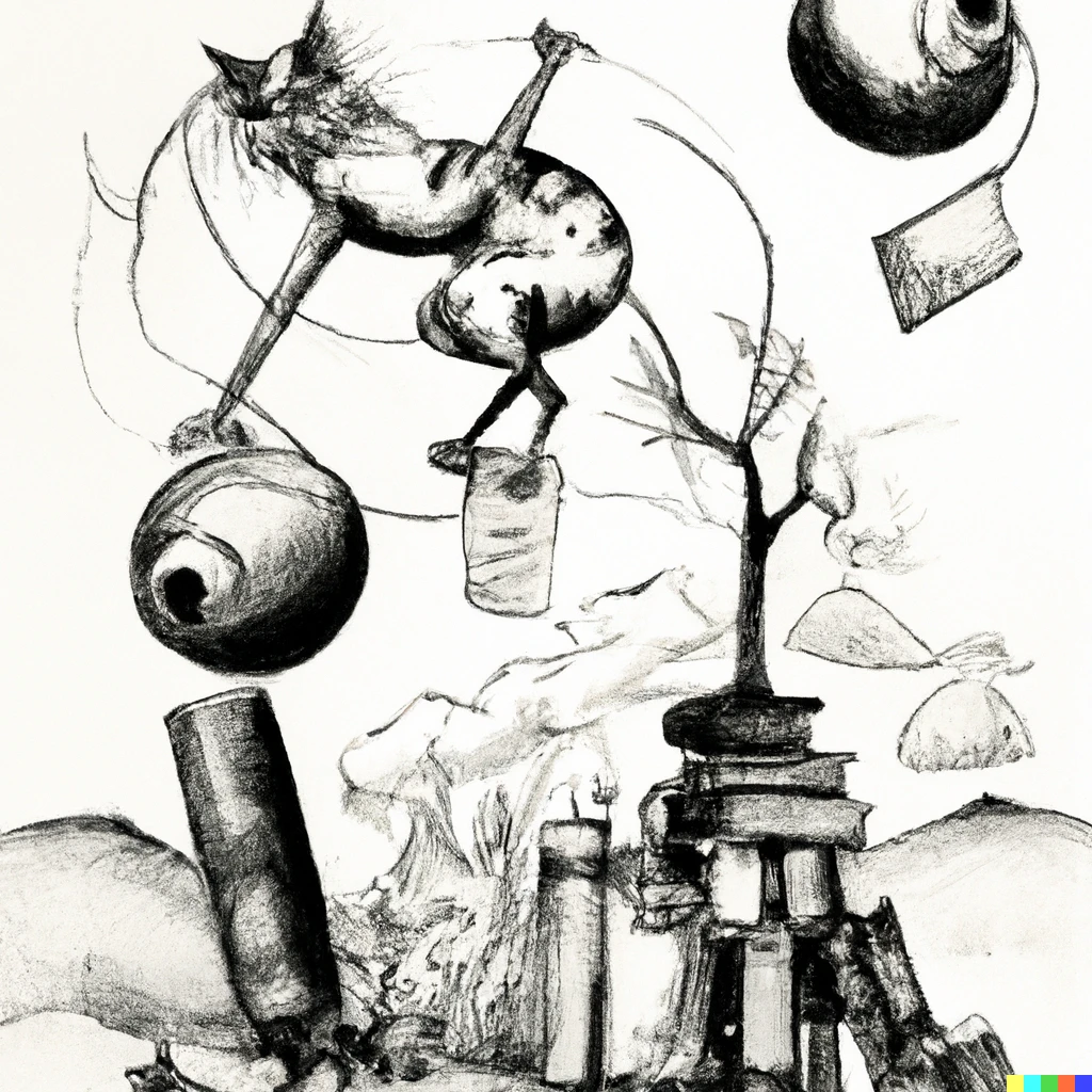 Prompt: .A Surrealist ink and pencil drawing in the style of Salvador Dali, of a cat wearing glasses, standing on a giant ball on a tightrope over a cliff, while juggling chainsaws, fireballs, and books 