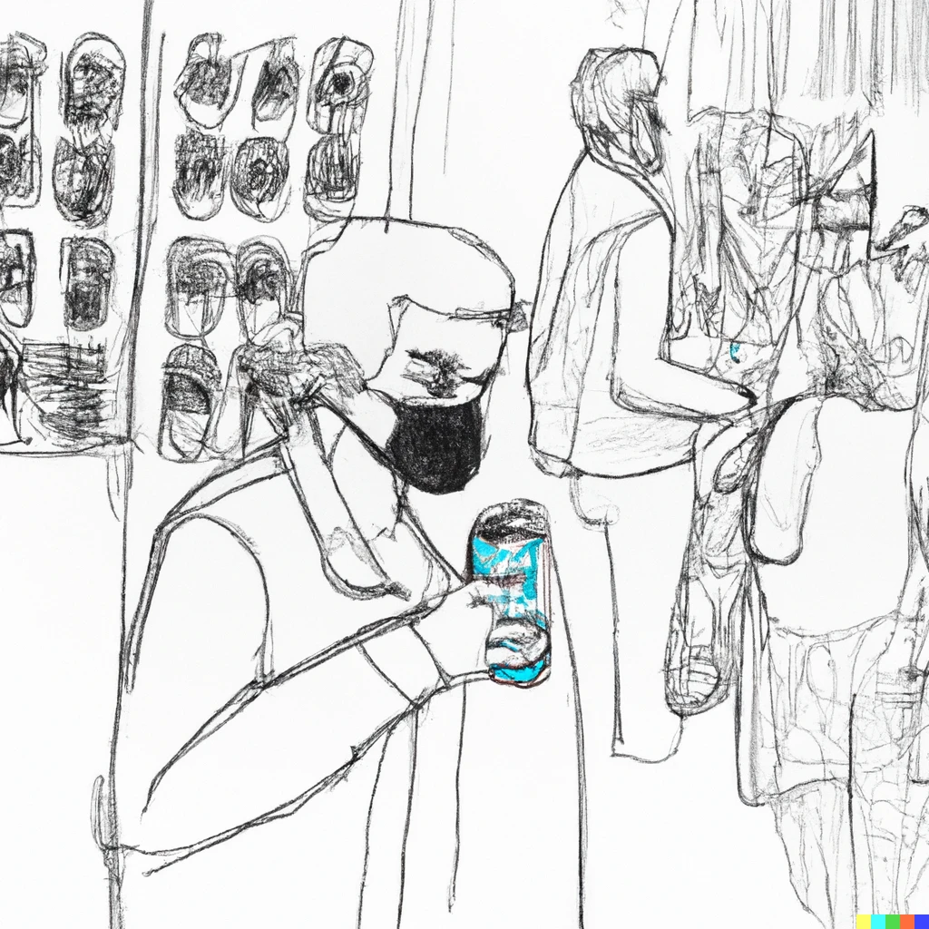 Prompt: Drawing pencil and ink a person selecting face masks with different brands while drinking a can of soda in a shopping mall with crowds of visibly diseased people around him