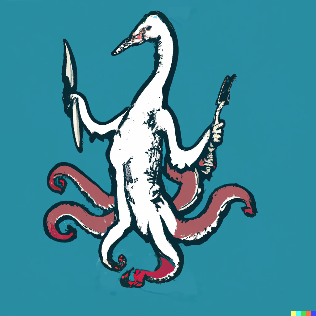 Prompt: full body picture of a chimera that is top half angry goose bottom half octopus with a knife that has white tentacles for legs on its bottom half, sticker illustration