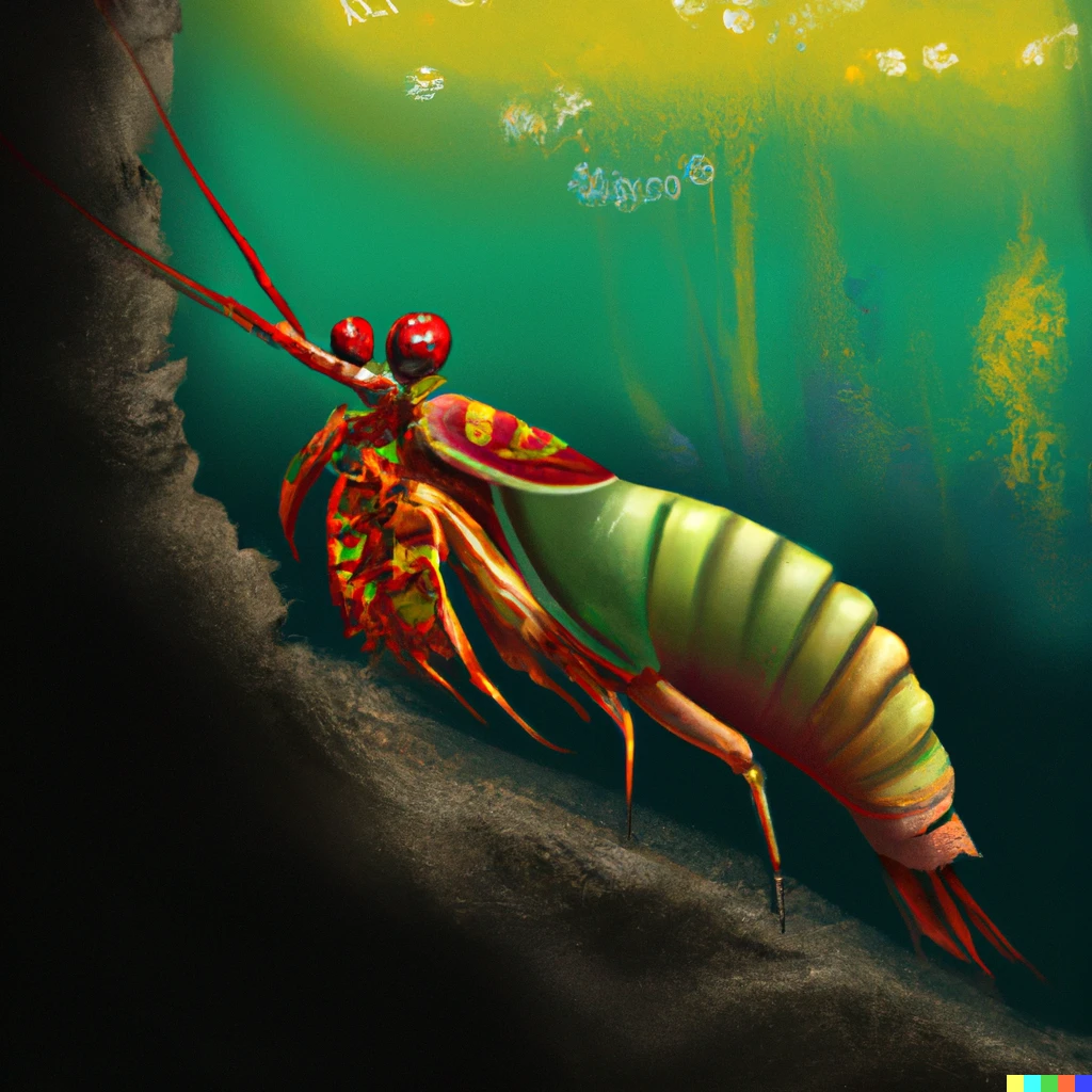 Prompt: A Mantis Shrimp In the Wild, painted in the style of John Audubon
