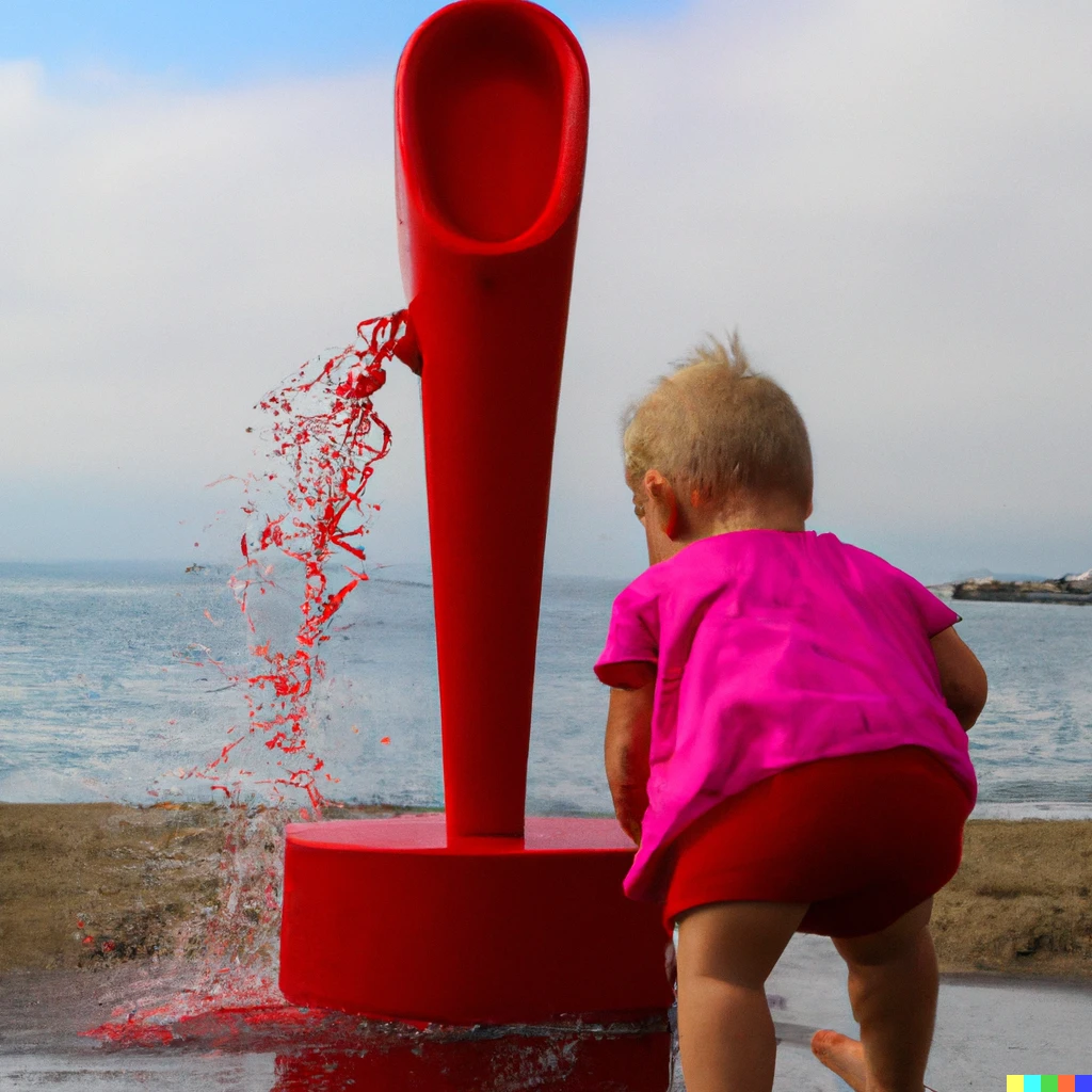 Prompt: baby being born through a red water fountain on a beach