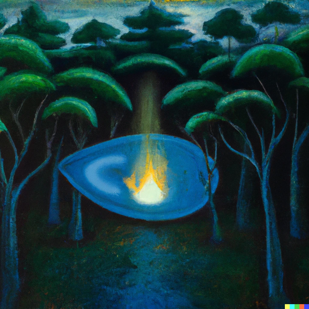 Prompt: a spacehip landing on earth on a forest in the night, oil painting by Leonora Carrington