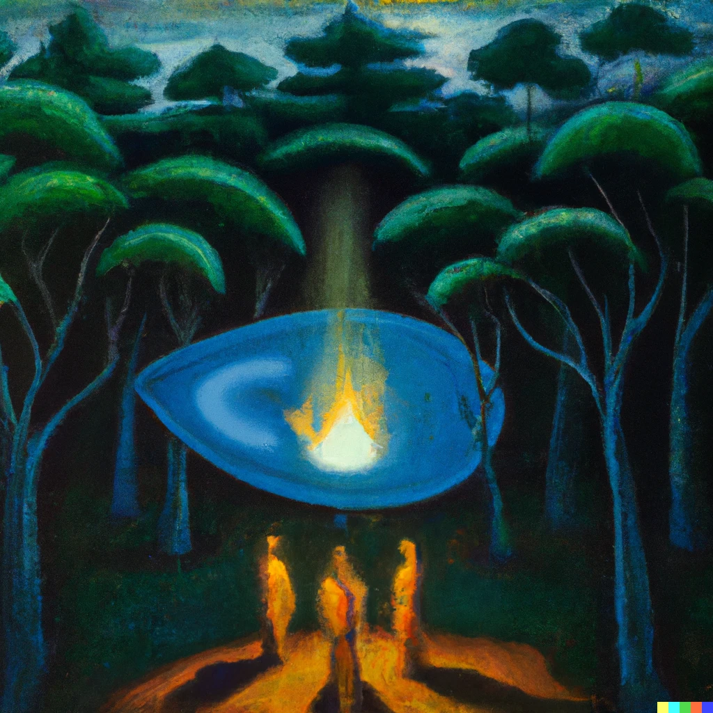 Prompt: lots of people reunited watching in awe an object that fell from the sky, oil painting by Leonora Carrington
