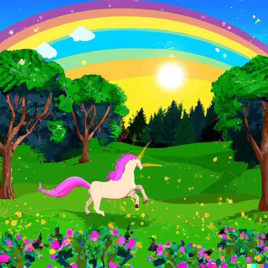 Prompt: A beautiful forest with tall trees and green grass, there a rainbow in the sky and a unicorn is running in the forest.