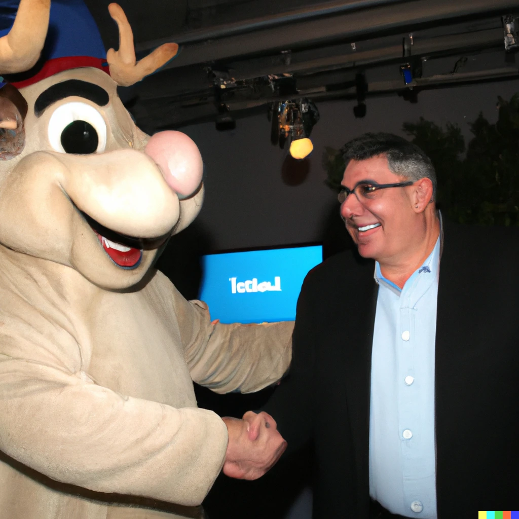 Prompt: Bullwinkle shaking hands with Leo Laporte
