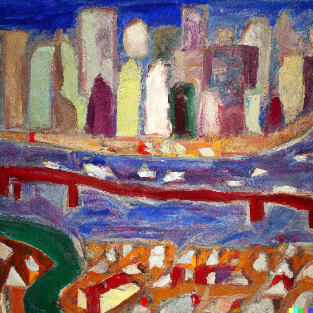 Prompt: a painting by gauguin of manhattan in 2000