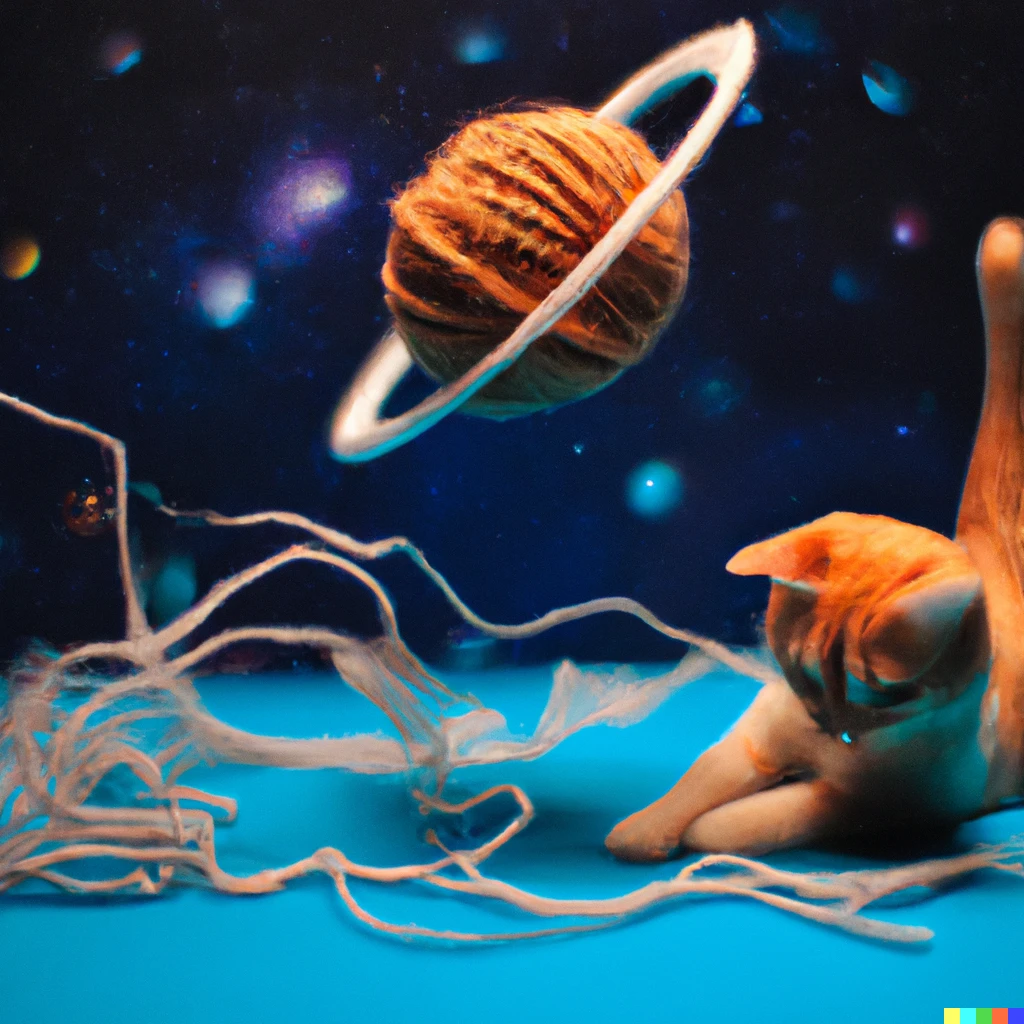 Prompt: photo of a orange space cat playing with Saturn made of yarn with a blue galaxy in the background