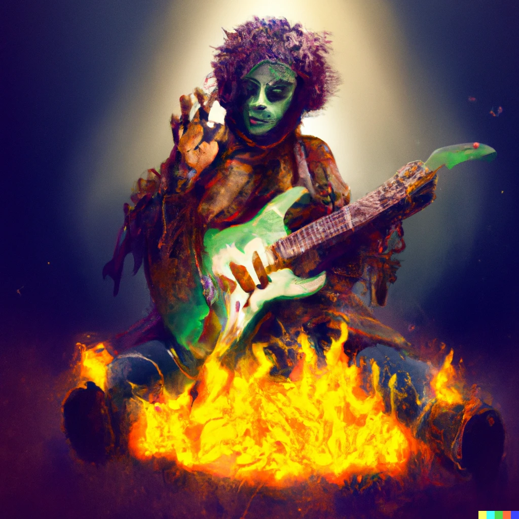 Prompt: Zombie Jimi Hendrix on knees in front of a burning guitar fanning the flames.