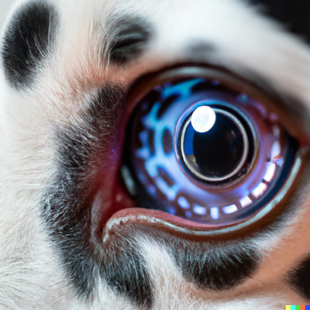 Prompt: a 35mm macro photo of a Dalmatian with a high-tech artificial eyeball containing circuitry