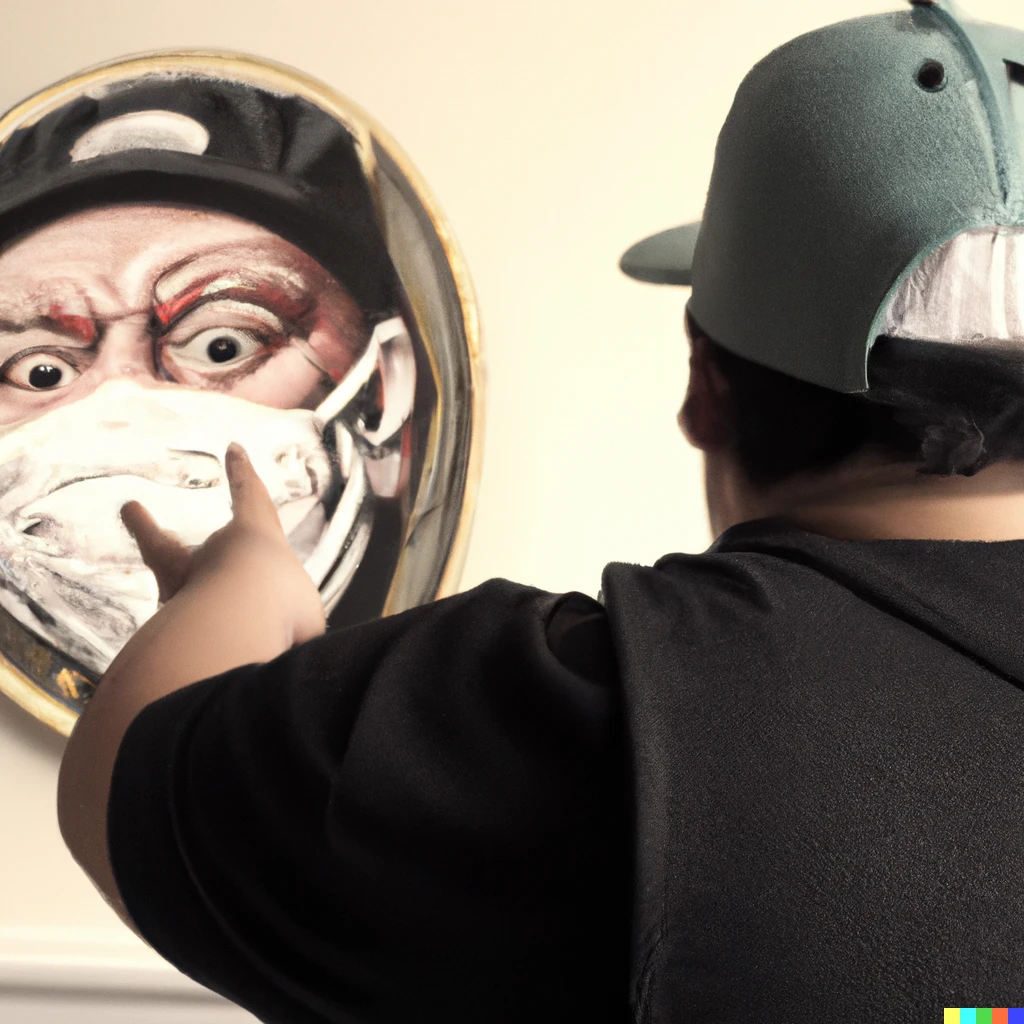 Prompt: A picture of the back of a fat fake white rapper pointing at a fresco painting of himself with a surgical mouth mask and a black baseball cap, made by Michelangelo