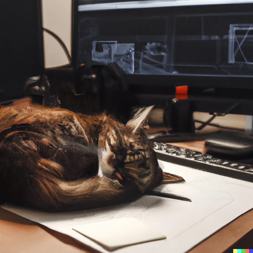 Prompt: cat sleeping on software engineers desk, digital art