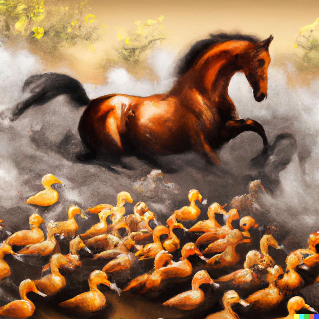 Prompt: a hundred duck-sized horses fighting off a single horse-sized duck, digital art