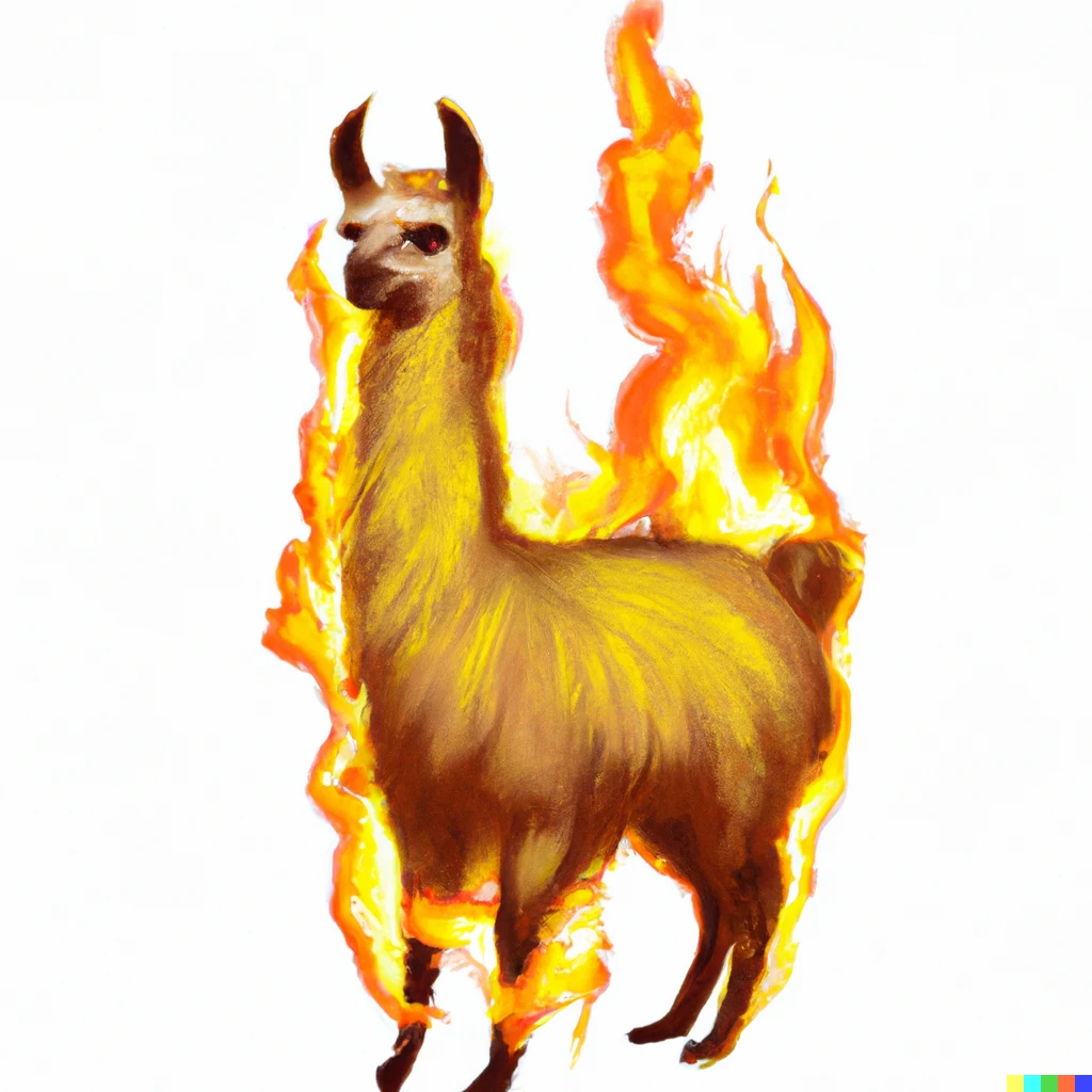 Prompt: a llama in flames, white background, digital art