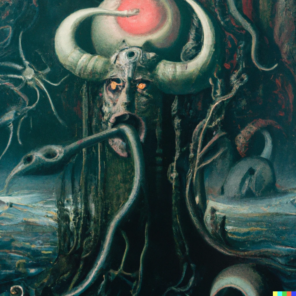 Prompt: A Lovecraftian monster which looks like King Crimson as painted by Zdzisław Beksiński.