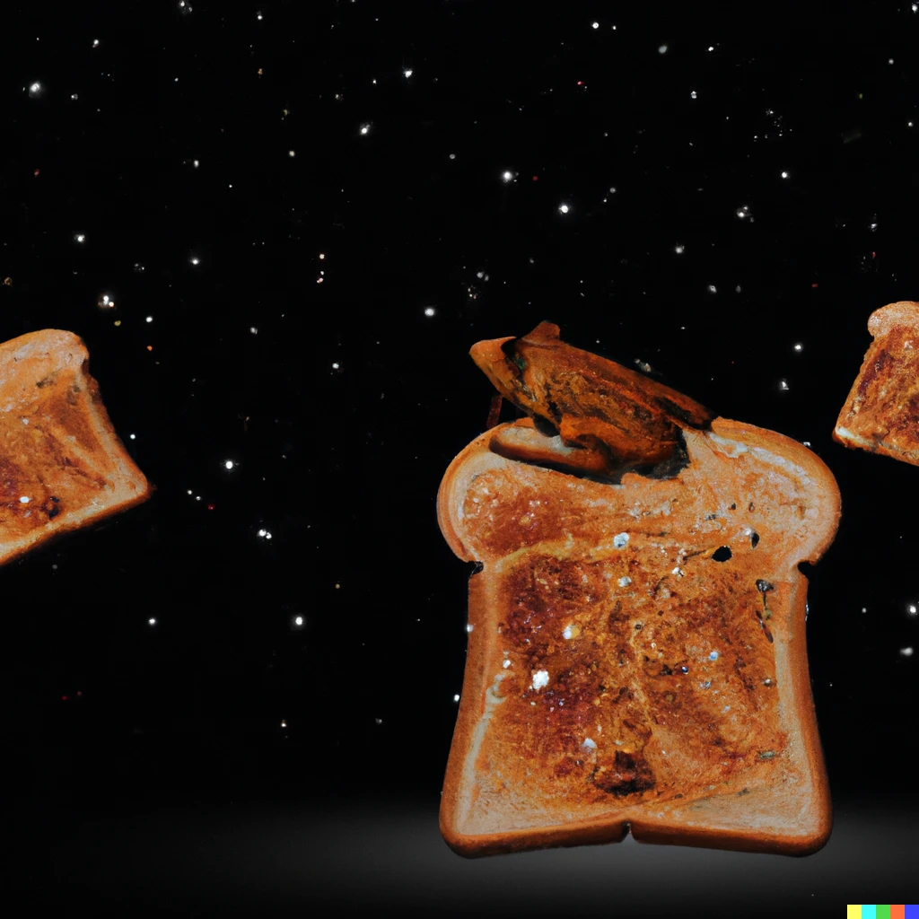 Prompt: Roasted Toast in Space with frogs 3d render
