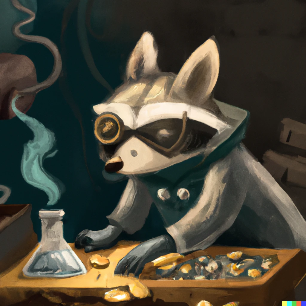 Prompt: Raccoon scientist turning a piece of coal into gold, digital art