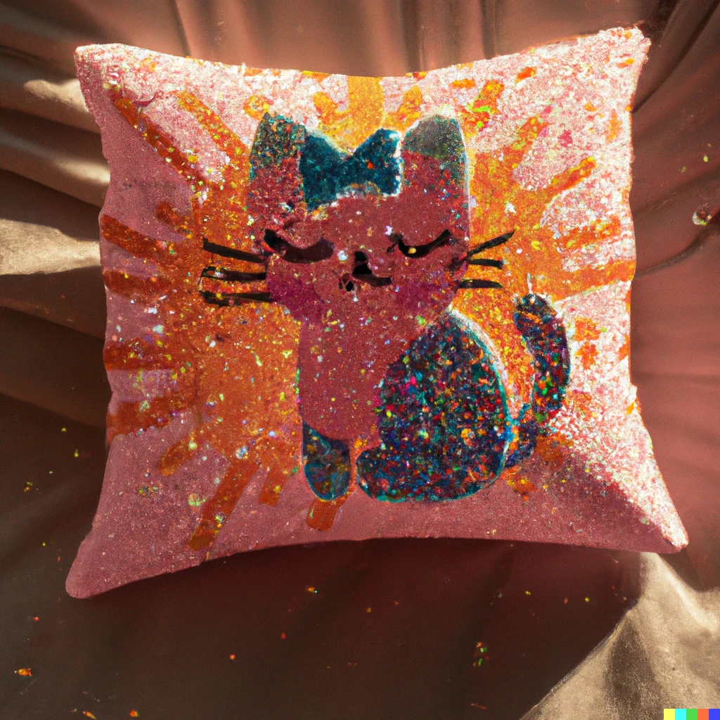 Prompt: Sparkle kitty sunset made of sequins on a throw pillow