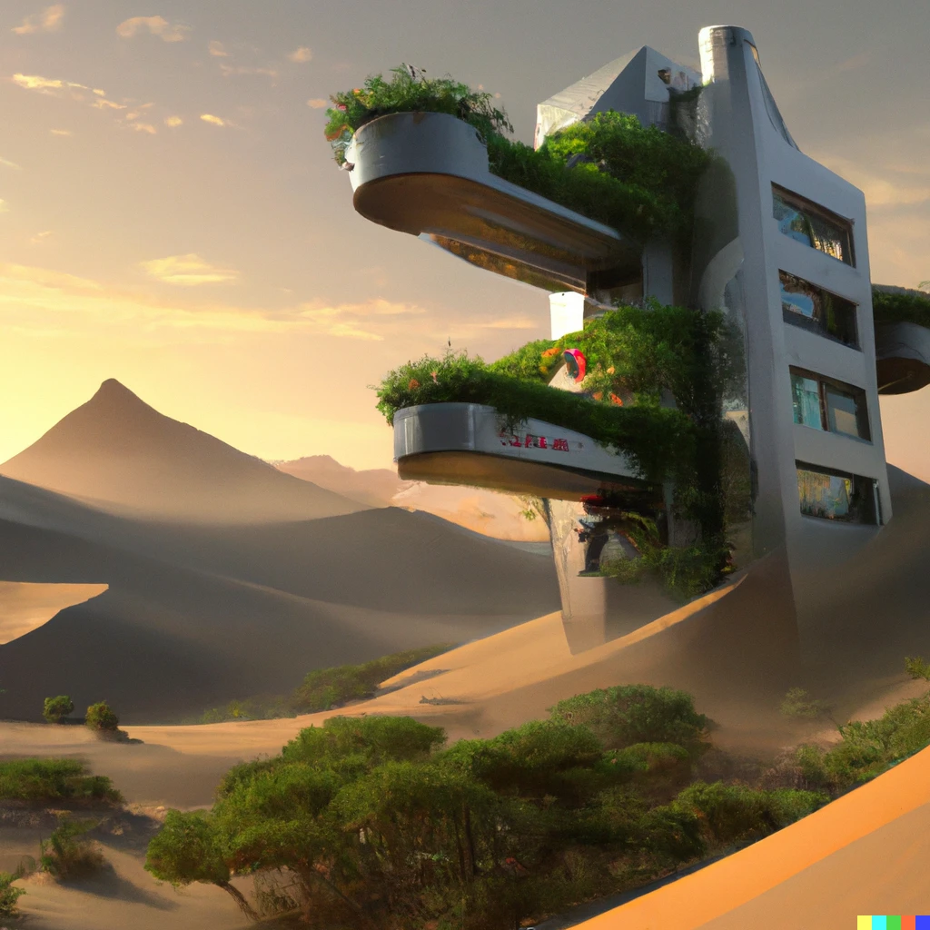 Prompt: House adorned with hanging gardens nestled between desert dunes, digital art