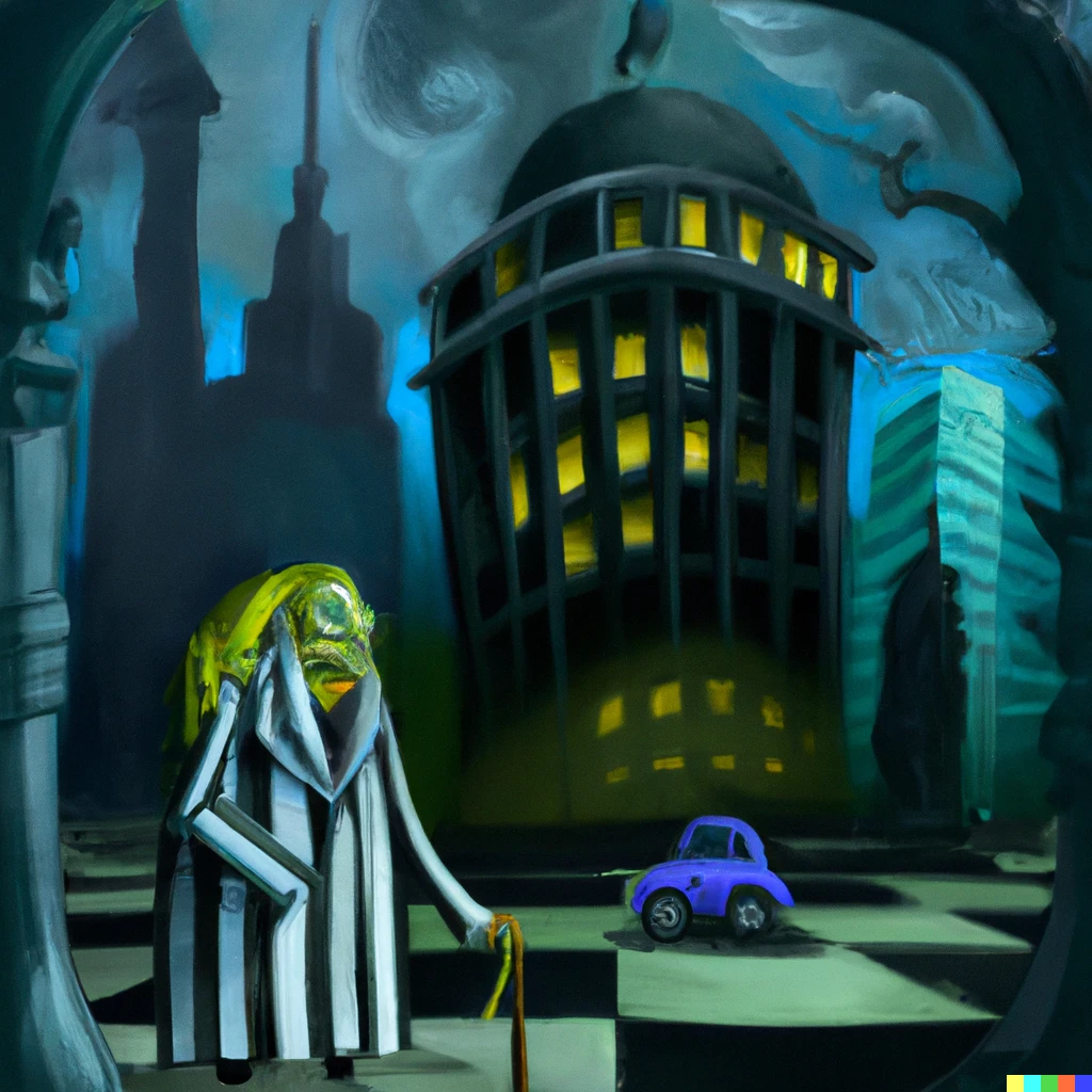 Prompt: Beetlejuice in Gotham City surrealist painting