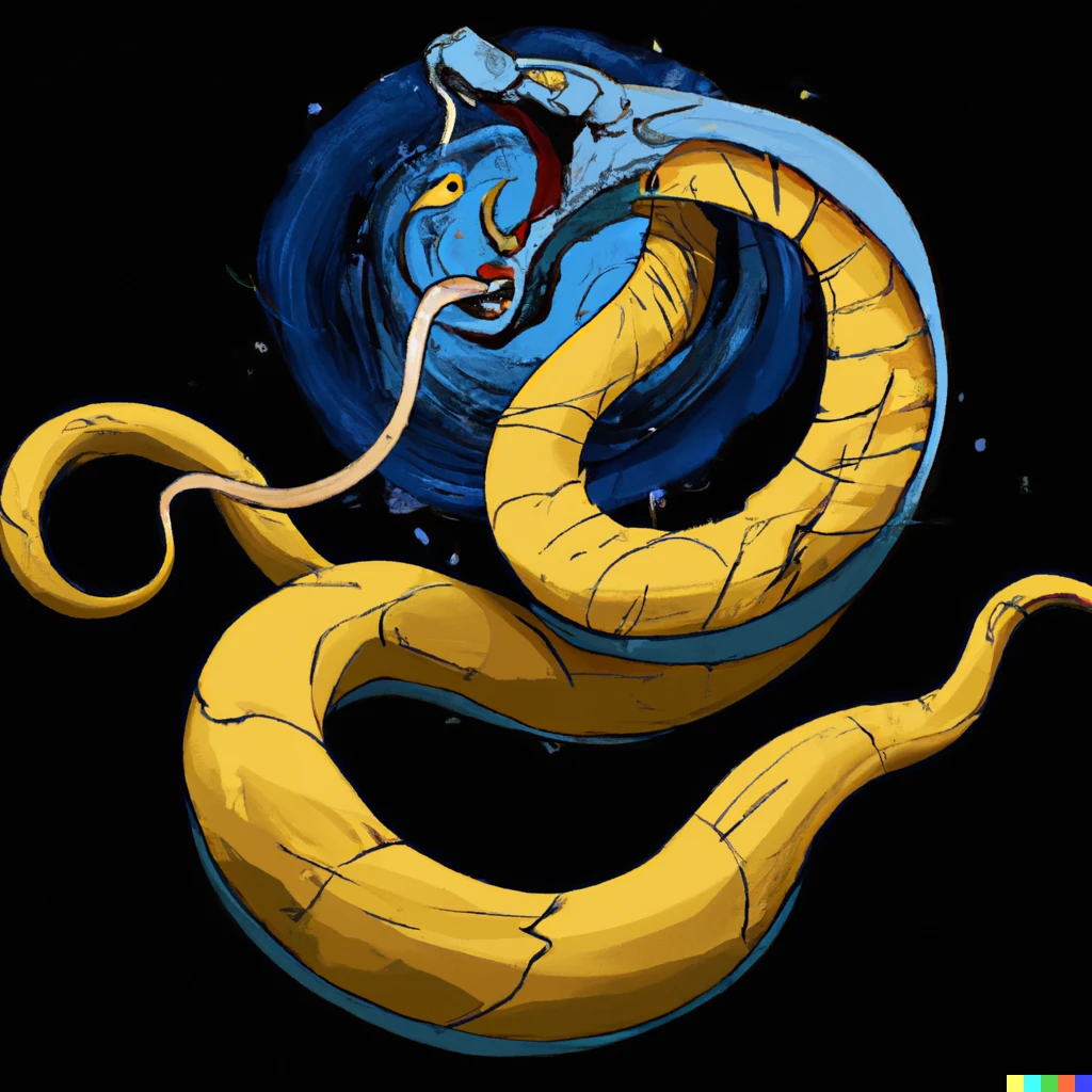 Prompt: A celestial snake eating its own tail in the style of darksiders playstation game