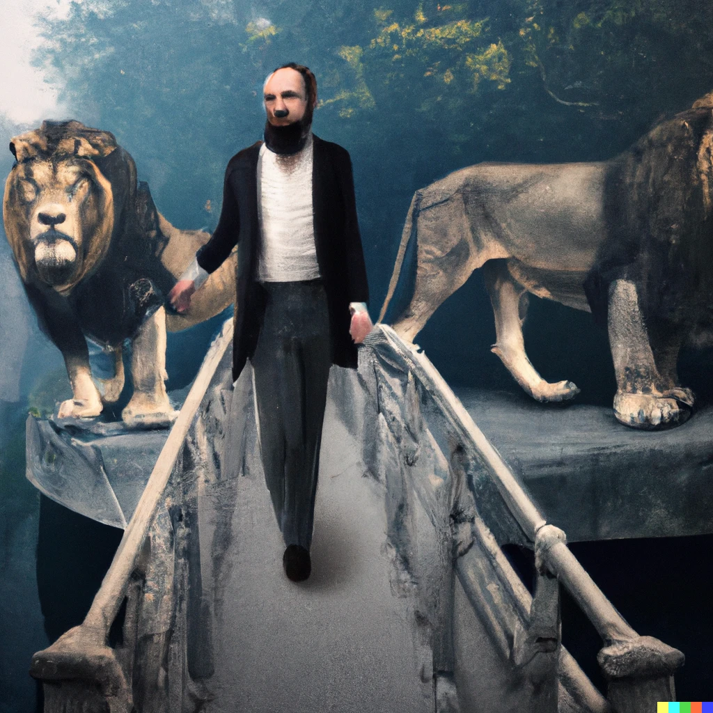Prompt: Nietzsche philosopher walking on a bridge with lions