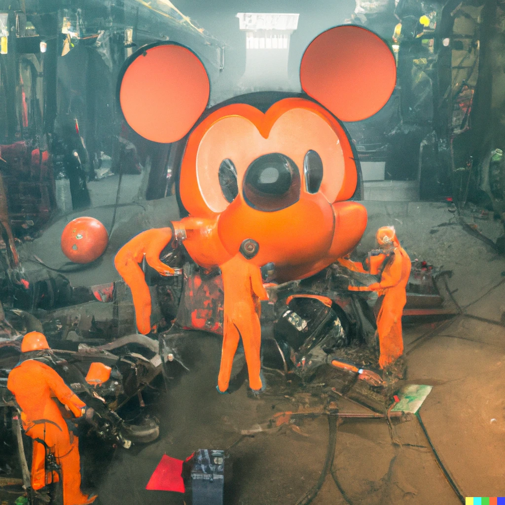 Prompt: Many engeneers with orange suits building a giant mechanic bleeding mickey mouse head in a garage with the Netflix logo in the background, beeple style