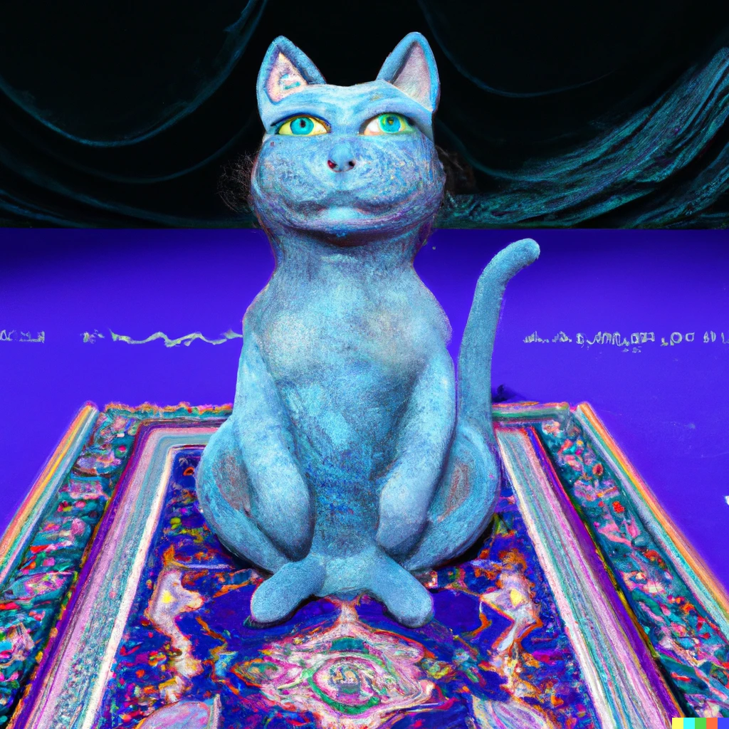Prompt: 3-D render of a blue cat with the face of Mona Lisa, sitting a magic carpet